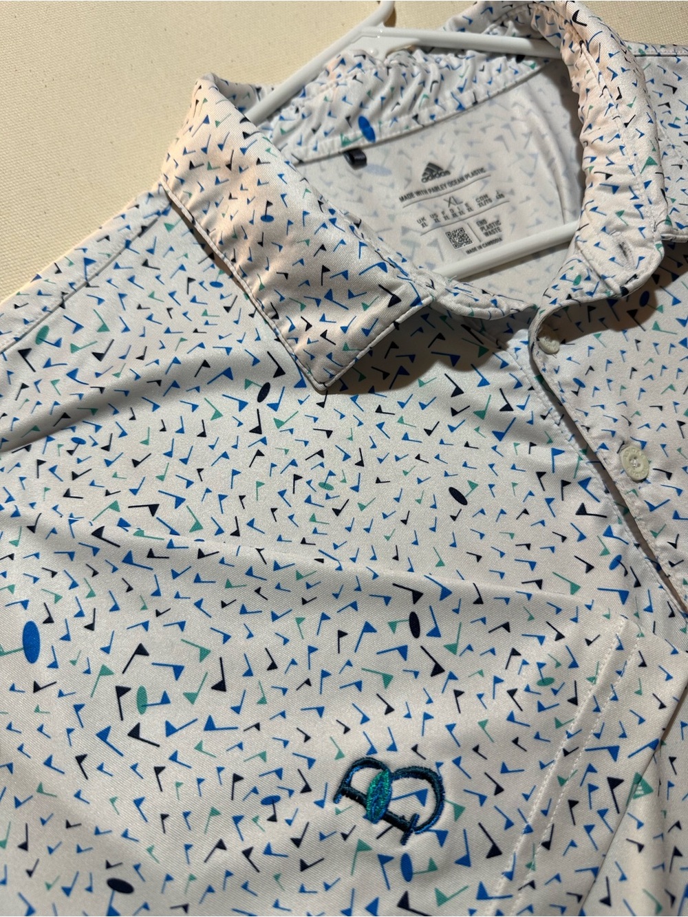 Adidas Men’s White Polo with Blue and Teal Geo-Print x Brookhaven Country Club